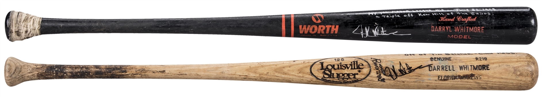 Lot of (2) 1993 Darrell Whitmore Game Used, Signed & Inscribed Bats For 1st MLB Hit & 1st Home Run (Whitmore LOA, PSA/DNA GU 10 & JSA)